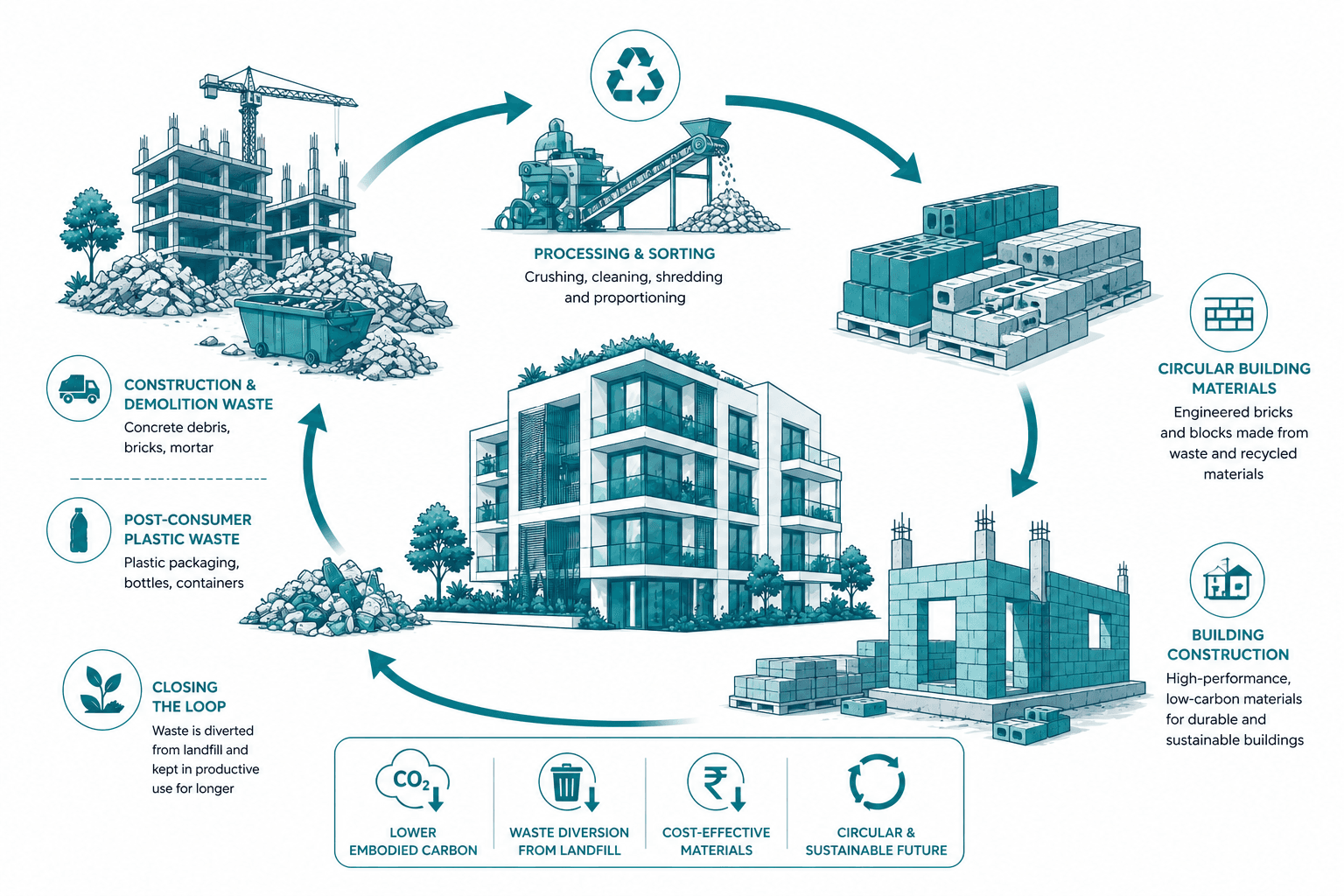 Circular construction materials made from recycled waste