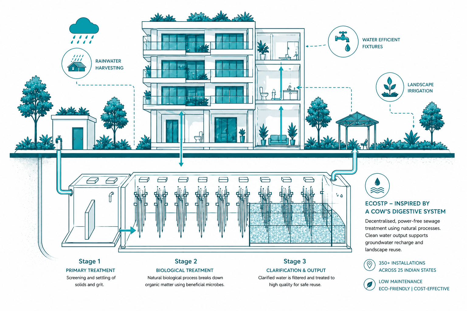 Integrated water management system with rainwater harvesting and sewage treatment