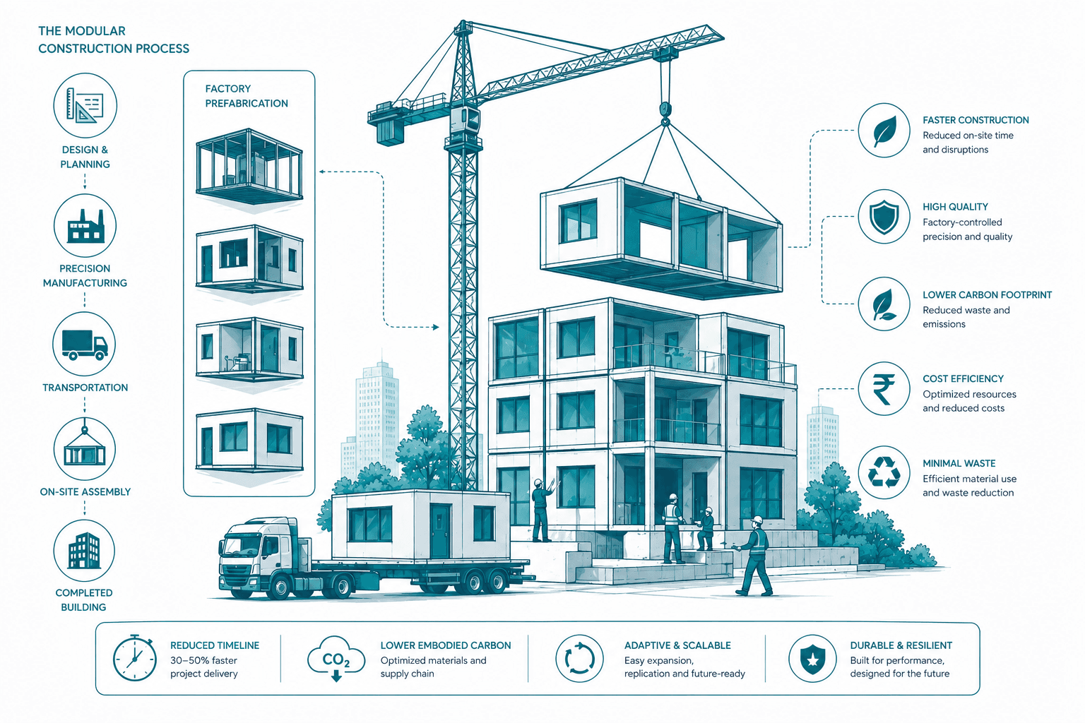 Modular prefabrication construction process for buildings
