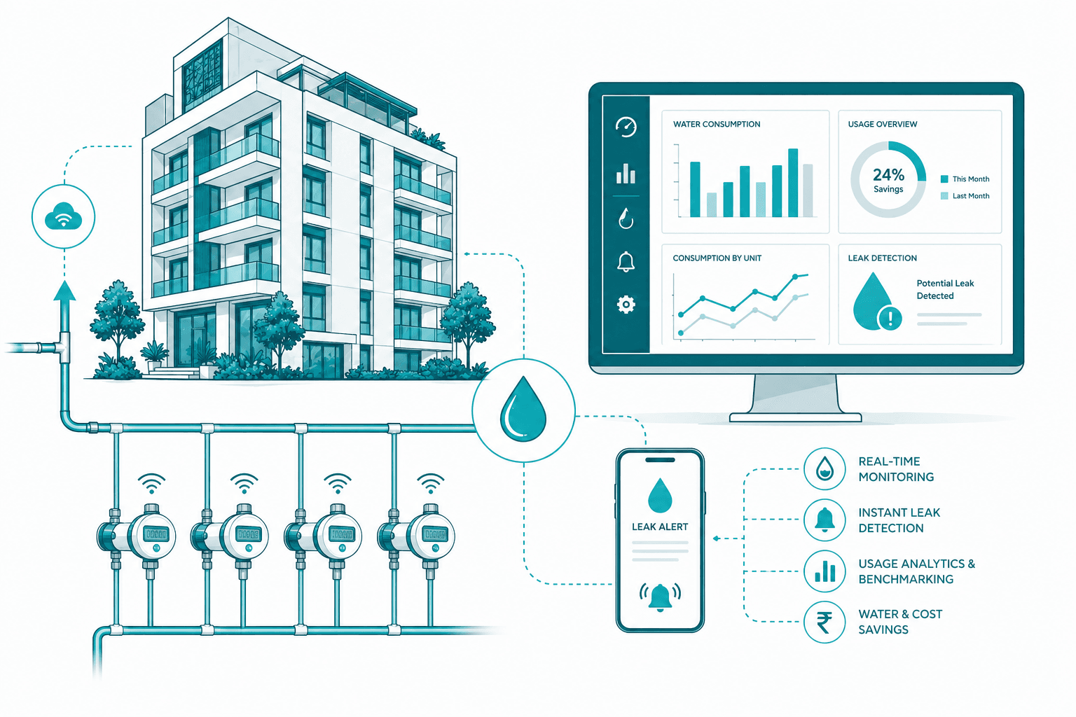 Smart water monitoring system with real-time analytics and leak detection
